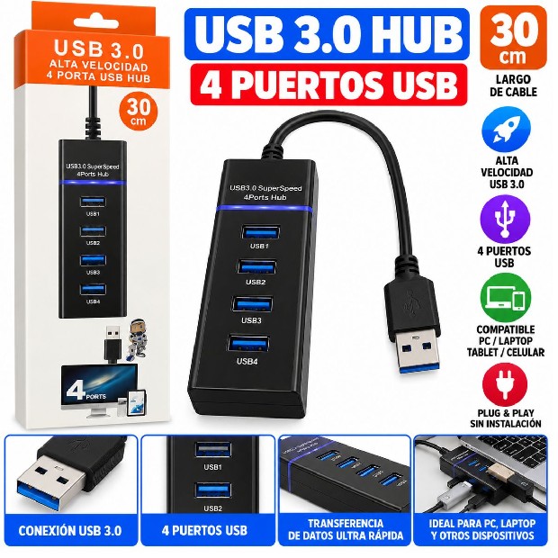 &ua HUB TIPO USB 3.0 4 PUERTOS (632)